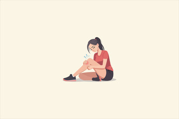 Vector illustration of a young woman in sportswear sitting on the ground with knee pain. Ideal for concepts of injury, sport accident, muscle strain, or health issues during exercise.