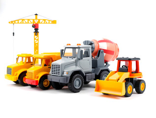 Construction toys including crane, cement mixer, dump trucks and bulldozer creating a fun scene