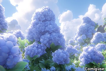 A vibrant landscape of light purple blossoms under a vibrant sky.