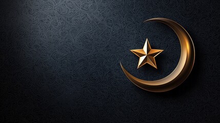 A close-up of the crescent moon and star symbol, representing Islam, beautifully designed against a dark background with intricate patterns.