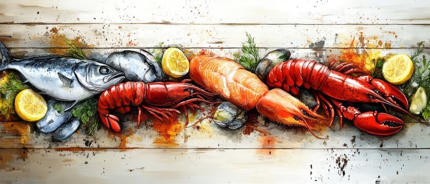 Fresh seafood arrangement on a light wooden surface. - Powered by Adobe