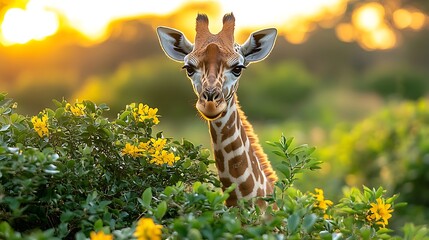 Young giraffe emerging from vibrant foliage at sunset. © Berkah