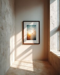 Framed Sunset Hot Air Balloon Landscape Print on Beige Wall