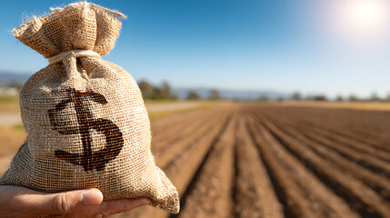 A burlap sack filled with money sits in a farmer's hand against a sunlit plowed field background showcasing agricultural finance and investment opportunities in farming.