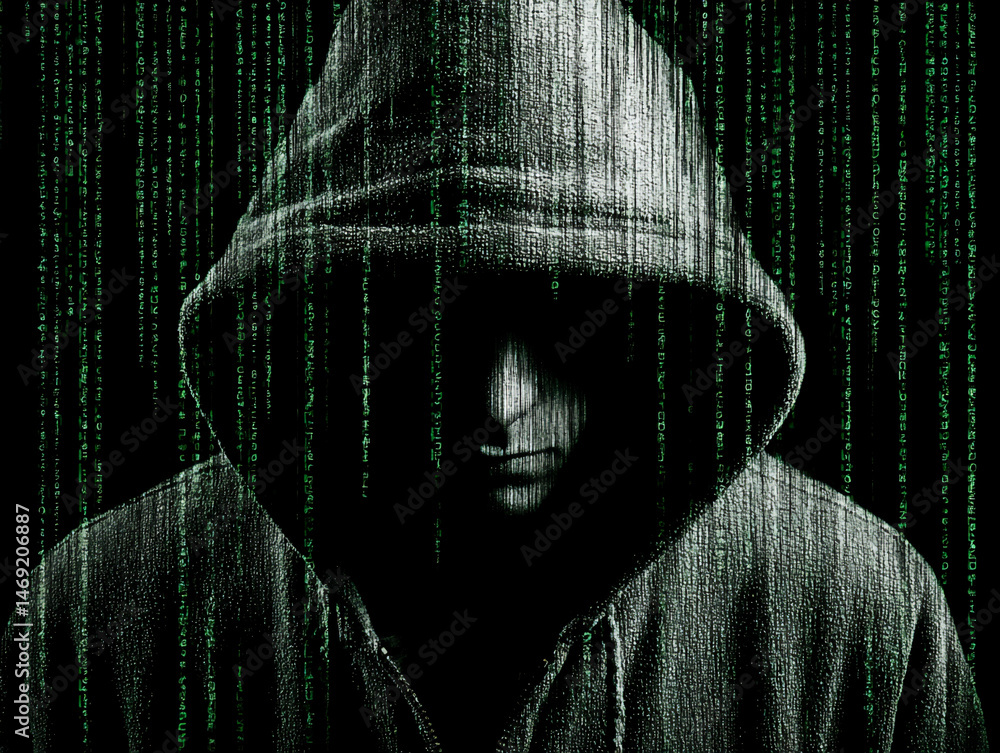 Poster an illustration of a hooded silhouette surrounded by encrypted data streams and an open digital lock