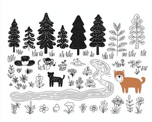 Forest elements, simple illustrations,  nature doodles