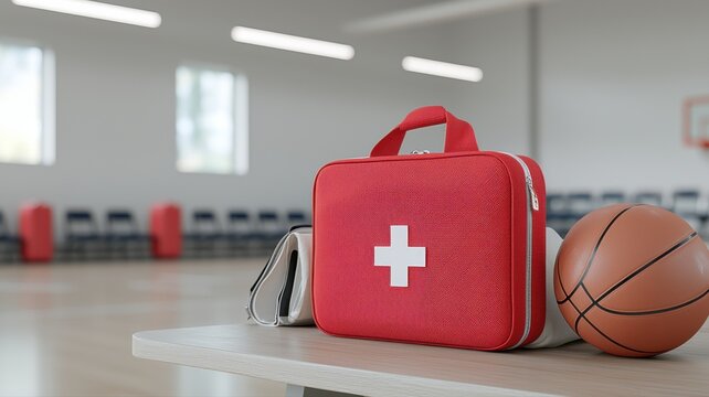 Sports Safety: First Aid Kit and Basketball in School Gymnasium basketball gymnasium school sport ai