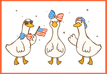 Cute 4th of July Silly Goose with American Flag Hat and Bow Hand Drawn Doodle Illustration Group