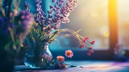 Sunlit lavender bouquet in vase with dreamy lighting