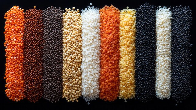 Colorful rows of various whole grains arranged on a black background.