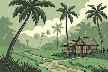 Fototapeta premium 54 tropical village, lush palm trees, rainy season, muddy path, wooden huts, cloudy sky, atmospheric lighting, digital art, photorealistic