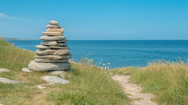 Balanced Stone Stack on Coastal Grassy Path Overlooking Calm Blue Sea Under Bright Sky