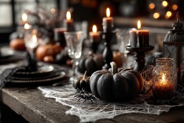 Festive Autumnal Arrangement with Black Pumpkins, Burning Candles, and Spider Web Decoration on Dark Wood Surface