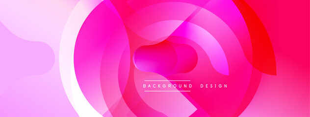 Abstract pink design features layered circles, waves. Modern gradient creates dynamic visual effect. Text reads background design.