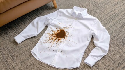 A white shirt lies on the floor with a large coffee stain, suggesting an accidental spill near a piece of furniture.