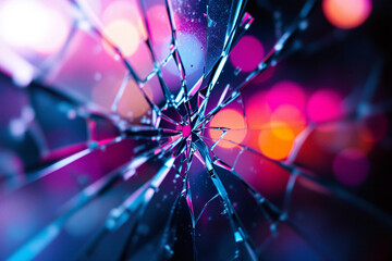 Broken glass with neon bokeh lights in the background