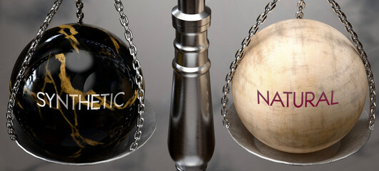 Synthetic or Natural - weighing two choices, available options. Choosing between synthetic or natural. Two different course of actions. ,3d illustration