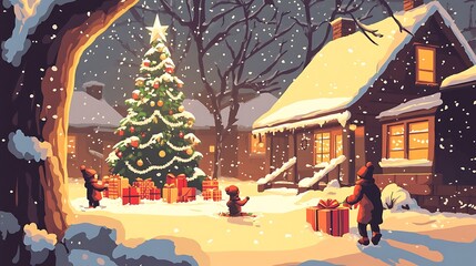 Snowy Christmas Eve with Family, and Gifts.