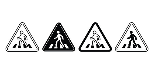 Pedestrian Crossing Sign Icons Triangular Traffic Symbols Black and White Color Vector Design 