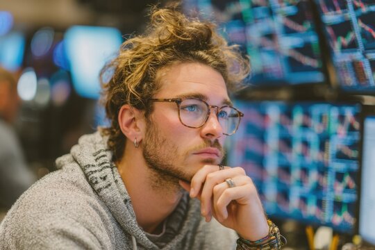 Engaged Caucasian man with glasses watches stock market data on screens, hand on chin, considering investment choices.