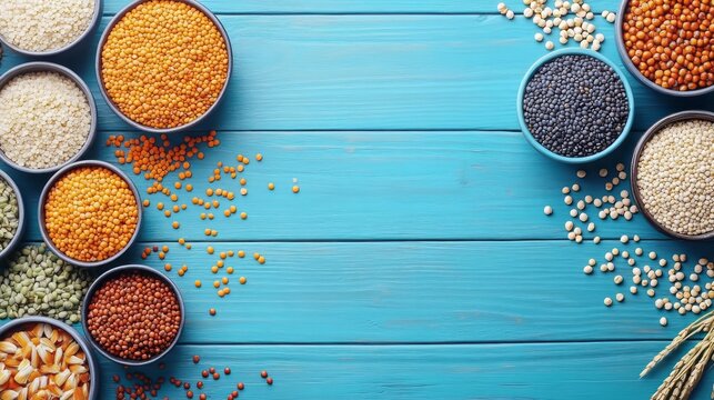 Assorted legumes in small bowls on a turquoise wooden surface.