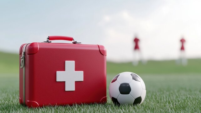 First Aid Kit and Soccer Ball on Field Ready for Injuries field first aid kit medical kit football