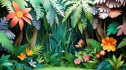 Papercut Tropical Rainforest Scene.