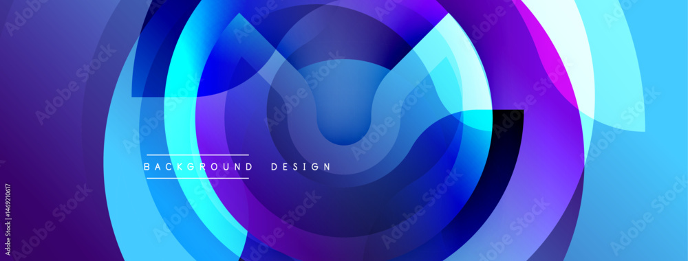 Poster Abstract geometric layers create dynamic visual effect. Blue, purple hues blend, forming circular patterns. Modern design element.