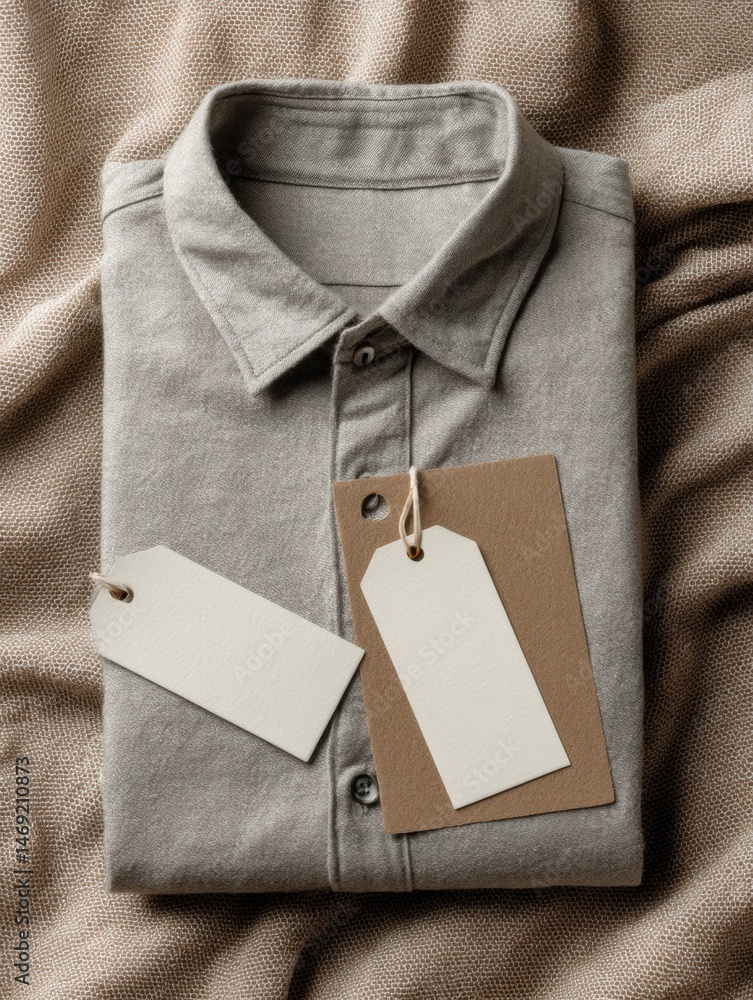Aufkleber folded shirt and retail tags arranged elegantly on a neutral fabric background for a stylish flatlay