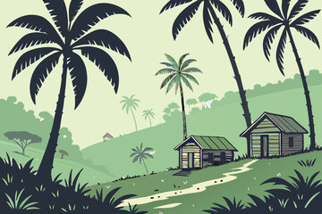 55 lush tropical village scene, palm trees, wooden huts, overcast sky, rainy day, scenic landscape, detailed painting, cinematic lighting, vibrant colors, moody atmosphere, digital art