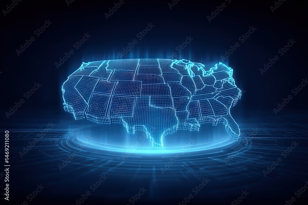 Poster dynamic 3d representation of a digital map displaying the united states illuminated with neon light 