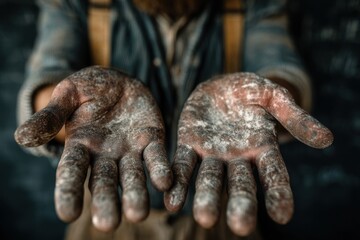 Close-up of laborer presenting dirty hands, showing palms up, fingers extended, evidence of hard work, stained skin, wearing suspenders