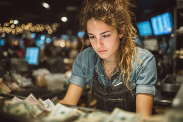 Fototapeta premium Young adult female cashier counting money wearing denim shirt and apron in shop checking sales from day