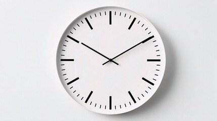 Minimalist White Analog Clock with Black Hands on White Background