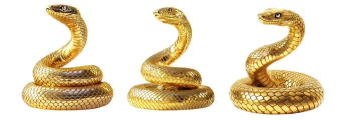 Coiled golden snake sculpture with detailed scales isolated on white transparent background, reptiles or wildlife, symbolizing Chinese Lunar New year
