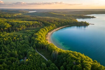Aerial view of a serene sandy beach and lush green forest by tranquil lake
