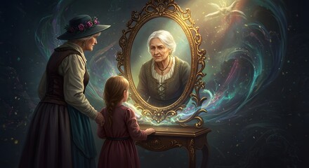 Girl and Grandmother Looking in Magic Mirror Reflection of Older Woman