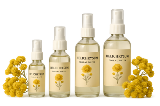Bottles of Helichrysum floral water in various sizes, surrounded by yellow Helichrysum flowers. Concept Floral Water Bottles, Helichrysum Essence, Natural Skincare, Aromatic Beauty