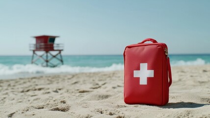 Red First Aid Kit on Sandy Beach with Lifeguard Tower and Ocean beach ocean aid first aid kit safety