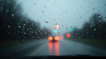 Driving in Rain: Blurred Lights on Wet Glass.