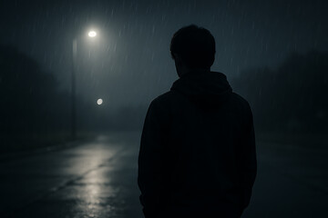 雨の夜に一人立つ男性の後ろ姿と静寂な街の灯り