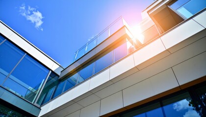 Modern Architectural Design with Glass Facade and Blue Sky