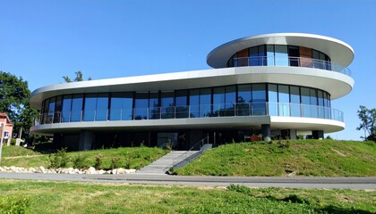 Fototapeta premium Modern Architectural Marvel with Curved Glass Facade and Green Landscape