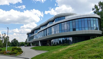 Modern Architectural Design of a Glass Building Surrounded by Nature