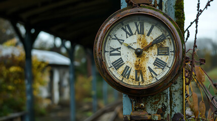 A rusted old clock with roman numerals on it is sitting on a metal post
