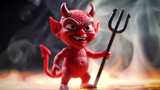Cartoon Devil with Trident in Smoky Hellscape - Powered by Adobe