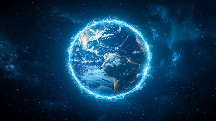 Fototapeta premium Glowing Earth with Electric Blue Energy in Outer Space