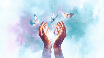 Pastel Hands Holding Glowing Butterflies Against a Dreamy Sky