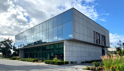 Fototapeta premium Modern Architecture Building with Glass Facade Against Blue Sky