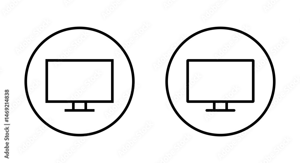 Poster computer monitor outline icon on circle line. pc screen, desktop display sign symbol